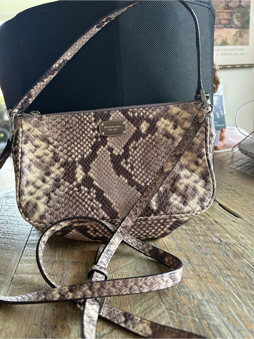 Michael Kors Taupe and Dark Brown Snake-Print Crossbody Bag